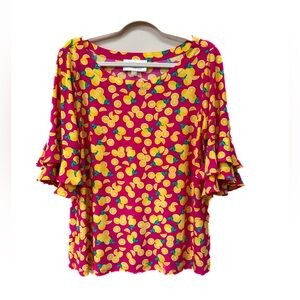 Papagallos Sz L Pink W/Lemons 3/4 Ruffled Sleeve Scoop Neck Top No Wrinkle